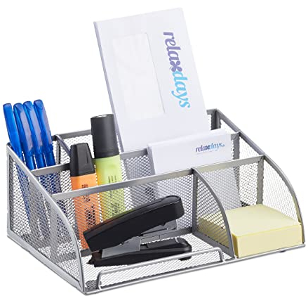 Relaxdays Schreibtischorganizer 5 Ablagen, kleiner Büroorganizer, Metallgeflecht, Stifteköcher, Briefablage, silber, 18 x 25.5 x 10.5 cm