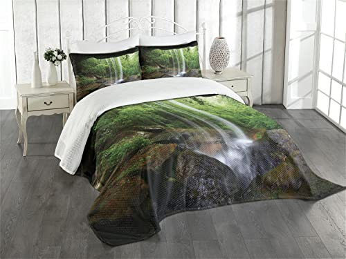 ABAKUHAUS natürliche Höhle Tagesdecke Set, Northern Alabama, Set mit Kissenbezug Sommerdecke, für Einzelbetten 170 x 220 cm, Braun Grün