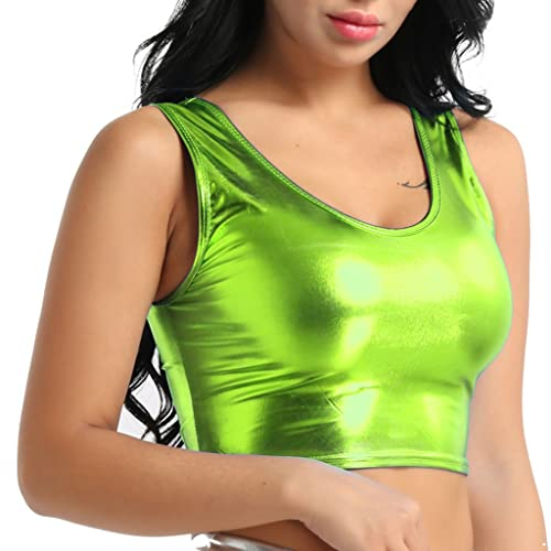 iEFiEL Damen Glänzende Tops Wetlook T-Shirt Bauchfrei Oberteile Gogo Clubwear Leder-Optik Tank Top Weste Sport Bustier Unterhemd Fluorescent Grün Einheitsgröße