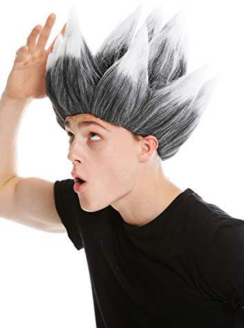 WIG ME UP - LM-19-P103TP60 Perücke Damen Herren Karneval hochtoupiert Dämon Teufel Troll Blume Mad Scientist Grau Weiß