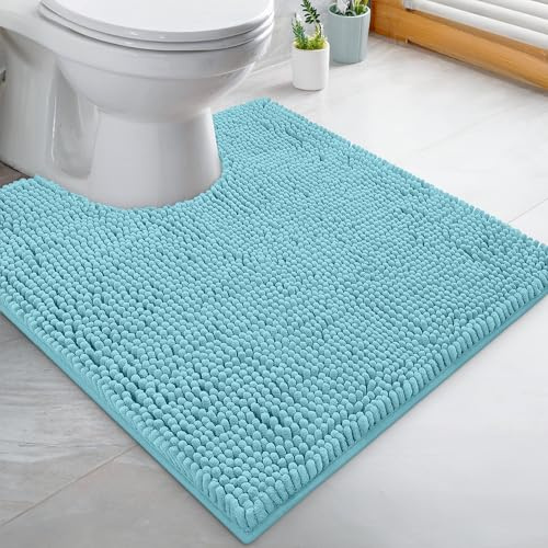 LuxUrux White Bath Mat-Extra-Soft Bath Shower Bathroom Rug,1'' Chenille Microfiber Material, Super Absorbent Shaggy Bath Rug. Machine Wash & Dry (Spa Blue, U Shaped 50 x50 cm)