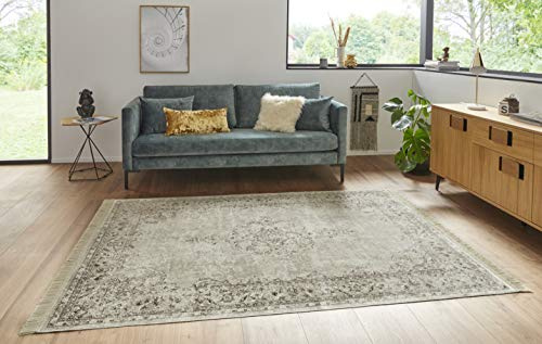 Nouristan Orientalischer Teppich – Wohnzimmerteppich mit Fransen Oriental Vintage Medaillon Naveh Samt-Teppich für Wohnzimmer, Schlafzimmer, Esszimmer, Küche, Flur – Creme, 95x140cm