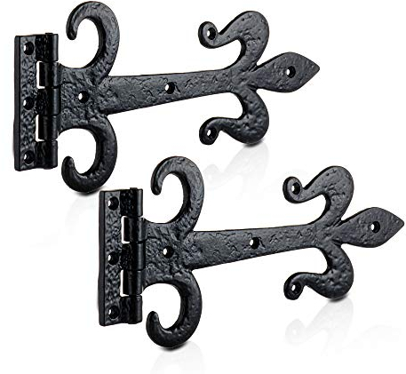 XFORT 310mm Black Antique Fleur De LYS Working Hinge - Cast Iron Gate, Decorative Vintage Shed Door, Ornamental Tee, Rustic T, External Black Door [1 Pair]