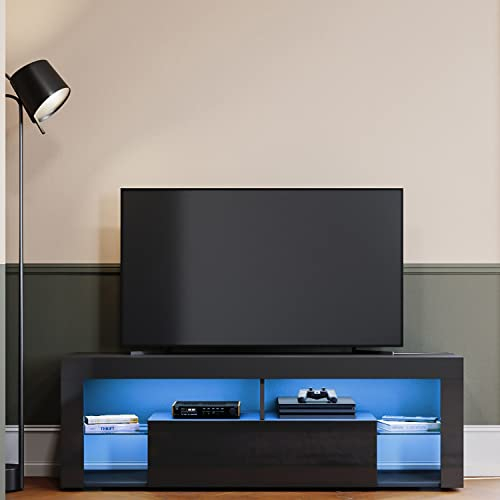 SIRHONA LED Meuble TV Noir avec 2 Compartiments et 1 Portes Bois avec Rangement,Meuble Télé en Verre avec éclairage LED RVB 16 Couleurs,140 cm