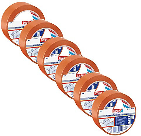tesa Putzband 4843 Winterband - 6er Pack - Abdeckband für Putz- und Malerarbeiten bei niedrigen Temperaturen - zum Abkleben und Abdecken - orange - je 50 m x 25 mm