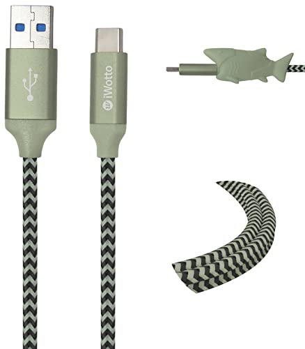 Iwotto Cable USB Tipo C 1M - Carga y Sincronización Rápida para Móvil- USB 3.0 Verde - Nylon Duradero y Protector de Cable Tiburón Incluido - Compatible con Samsung, Xiaomi, Huawei, PS4, Xbox