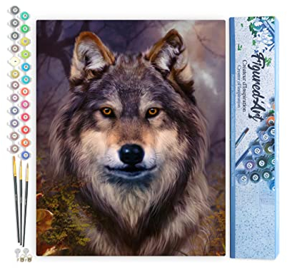 Figured'Art Pintar por Numeros Adultos Cabeza de lobo - Manualidades pintura acrilica Kit Cuadro DIY completo - 40x50cm sin bastidor