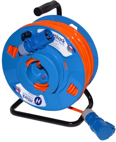 Hilark Extensión eléctrica de poliuretano en un carrete reversible H07BQ-F 3g2.5 mm (3x2.5 mm) con enchufe industrial CEE de 3 polos para autocaravana, caravana (50 metros, Naranja)