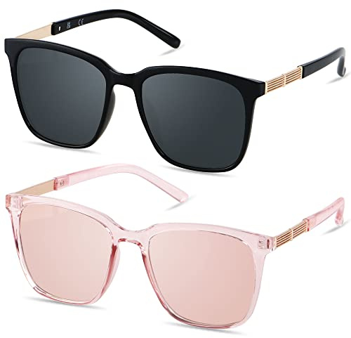 Oversized Sunglasses for Women Mirrored Big Large Shades 2 Pack Fashion Square Frame Sun glasses UV Protection, (2pack) Black + Mirrored Pink, L