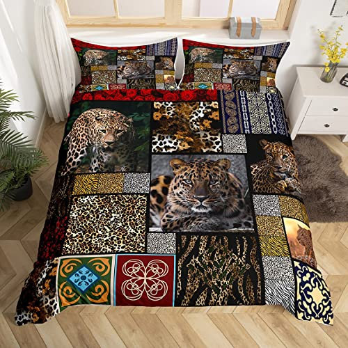 Leopard Parure de Lit 220x240cm Safari Cheetah Print Sets de Housse de Couette Plaid Grid Red Rose Room Housse de Couette Wild Animal 3Pcs
