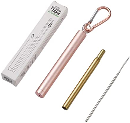 1 x Foldable Reusable Stainless Steel Portable Metal Drinking Straws with Aluminum Key-Ring Case & Cleaning Brush Portable High-End for Travel, Home, Work (Gold Straw +Pink Casing)