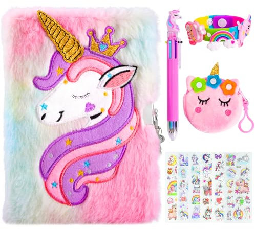 PESLNG Einhorn Plüsch Notizbuch Set, Tagebuch Mädchen Notizbuch für Mädchen Plüsch A5 Reisetagebuch Schule Notizblock Kinder Mädchen Festival Geburtstagsgeschenk, Rosa Mädchen Tagebücher