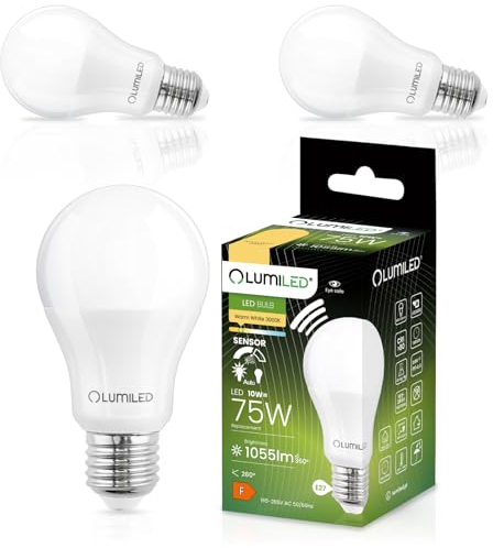 Lumiled 3er Pack E27 LED Lampen mit Bewegungsmelder und Dämmerungssensor 10W ersetzt 75W 1055lm Lichtsensor Glühbirne A60 Warmweiß 3000K Sensorlampe Lichtsteuerung 3 Stück Nachtlicht Glühlampe