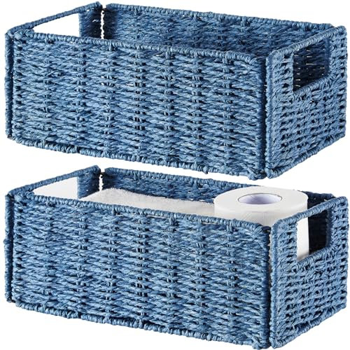 Vagusicc Wicker Storage Basket, Set of 2 Hand-Woven Paper Rope Wicker Basket, Small Storage Baskets for Organizing Toilet Paper Basket, Foldable Large Cube Storage Organizer Bins for Shelves (Blue)