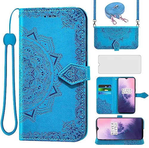 Asuwish Handyhülle für OnePlus 7/6T Hülle mit Band und Glas Folie Schutzfolie Kartenfach Klappbar Leder Geldbörse Ständer A6010 A6013 Handy Hüllen Mandala Schutzhülle Panzerfolie Cover Phone Case Blau