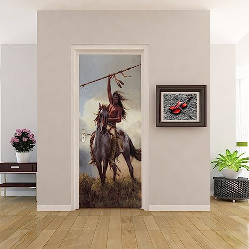 Tür tapeten 3d selbstklebend Indianer Türposter Türaufkleber Abnehmbare Vinyl türfolie Fototapete diy Wandbild Wohnzimmer Schlafzimmer Kinderzimmer Badezimmer B100 x H200cm