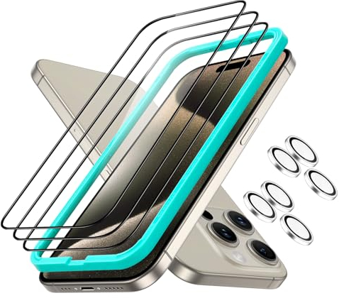 ESR iPhone 15 Pro Max für Panzerglas, Armorite Displayschutzfolien-Set, extrem Robustes gehärtetes Glas, Rahmen für einfache Anbringung, 3 Stück mit 2 Sätze individuellem Kamera Schutz