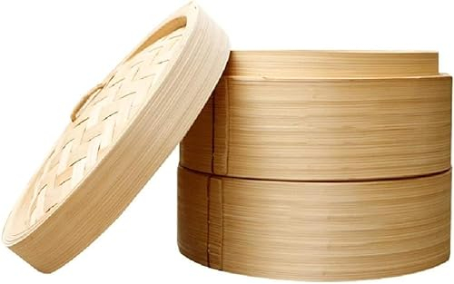 SPUZZO Traditioneller Bambus-Dampfgarer, 30,5 cm, handgefertigt, 2 Etagen, Körbe, Küche, Bambus-Dampfkorb for Knödel, Dim-Sum-Brötchen, Dampfgarer aus 100% natürlichem Bambus