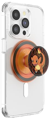 PopSockets runder Telefongriff kompatibel mit MagSafe, Adapterring im Lieferumfang enthalten, Telefonhalter, kabelloses Laden kompatibel, Pokemon - Charmander Flame