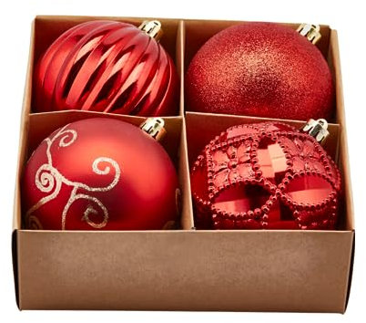 Magie di Natale Christbaumkugeln rot mit gemischten Verzierungen aus PVC (4 Kugeln Ø 10cm)