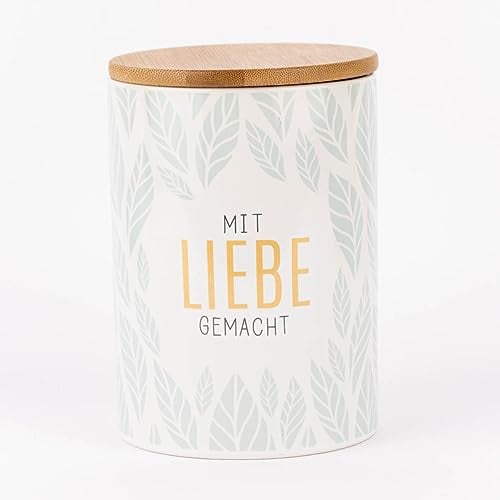 La Vida Vorratsdose Mit Liebe gemacht Blätter Porzellan mit Bambusdeckel weiß mintgrün 11x16cm