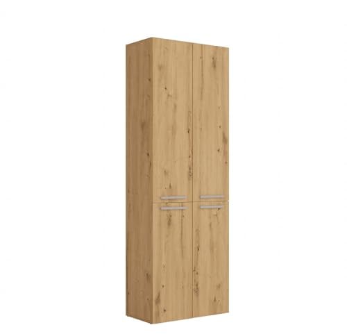 CDF Bad-Hochschrank NEL 1K DD | Farbe: Eiche Artisan | Modernes Badregal | Stauraumschrank | Geräumige Einlegeböden | Türen | Einfache Montage | 1 Wäschekorb | Stilvolle Griffe