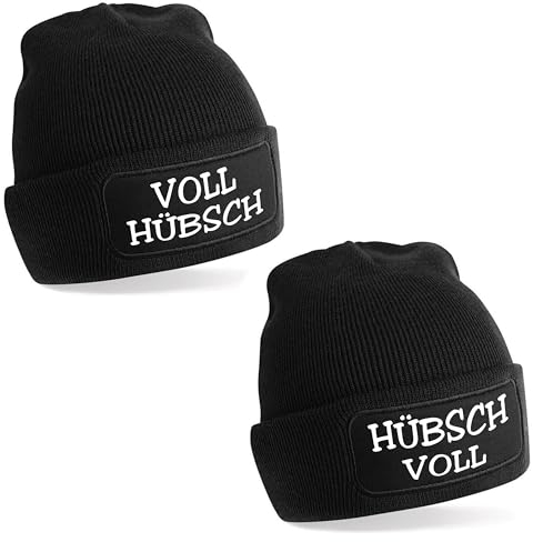 2er Set Beanie Strickmütze mit Spruch | Voll Hübsch - Hübsch Voll | schwarz | Unisex SoftTouch angenehm weiche und warme Wintermütze | OneSize Einheitsgröße für Erwachsene