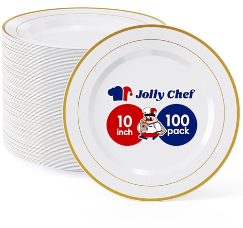 JOLLY CHEF 100 Pieces Gold Plastic Plates, 10 Inch Elegant Disposable Dinner White with Gold Rim, Disposable Plastic Plates for Christmas, Birthdays and Weddings