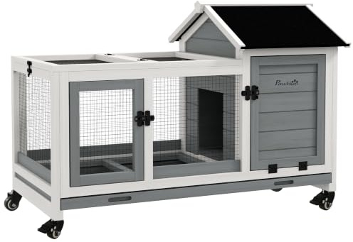 PawHut Wooden Rabbit Hutch Guinea Pig Cage 108 x 58 x 73.5cm Grey | Small Animal House With Wheels, Outdoor & Indoor, Slide-out Tray