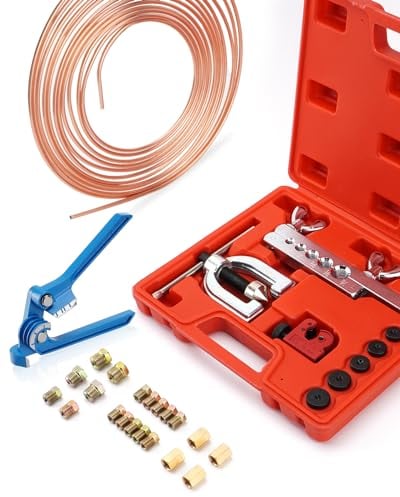 Doppelt und Einfach Bördelgerät für Bremsleitung Set, 7,6m Bremsleitung Ø 4,75mm Stahl im Set mit 16 Verschraubungen und 4 Verbinder, Biegezange, Bremsleitungskit