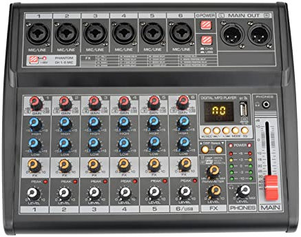 USKI Mélangeur Audio Professionnel Console de mixage de Carte Son Alimentation fantôme 48 V 16 Fonctions d'enregistrement USB numériques Table de mixage 6 canaux
