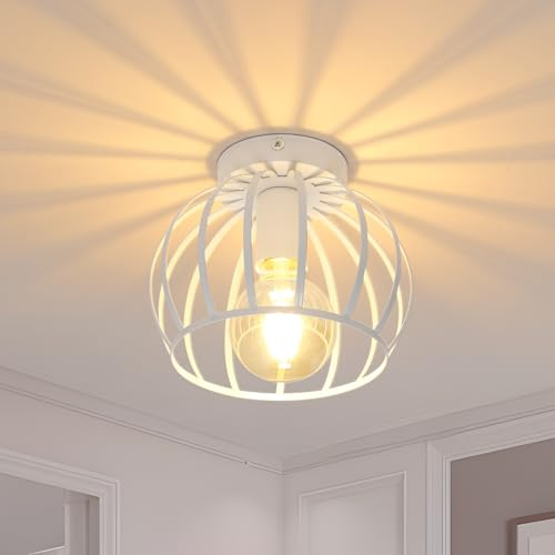 Comely Deckenleuchte Vintage, Industrial Pendelleuchte Metall in Käfigform, Retro Deckenlampe E27 für Esszimmer Küche Flur Balkon Bar Restaurant, Weiß