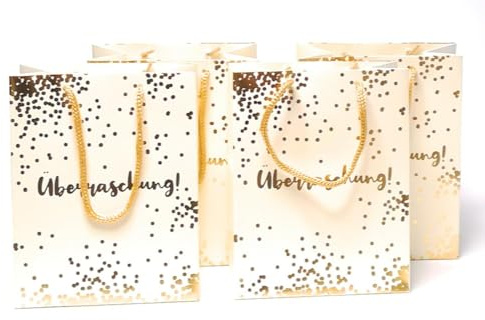 4 Stück Premium Geschenktaschen Creme - Gold á 23x18x10 cm Geschenktüte Papiertüte - Überraschung -