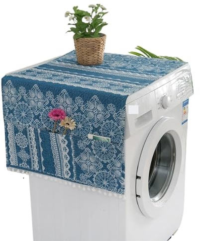 Waschmaschinenabdeckung Staubdichte Abdeckung mit schwarzem Muster for Waschmaschine, Leinendruck, Kugelquaste, Tasche, Kühlschrank, Mikrowelle, Staubschutz Waschmaschinenschutzabdeckung(S43801,30x90c