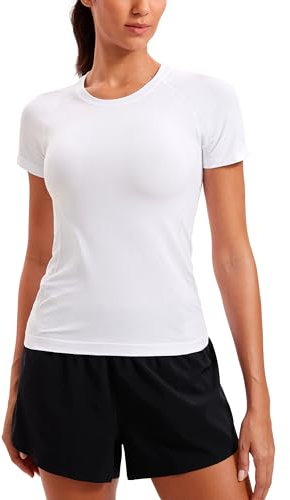 CRZ YOGA Women's Seamless Sports T Shirts Breathable Short Sleeve Top Active Gym Running Fitness T-Shirt White 10