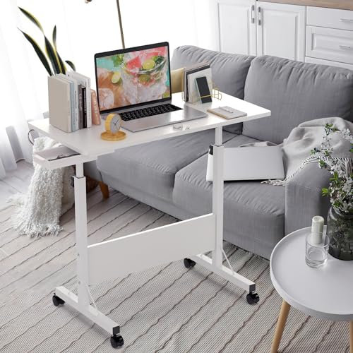 HAMHAIGO Kleiner Schreibtisch mit Rollen Beistelltisch Laptoptisch Höhenverstellbar Der Desktop kann umgedreht Werden Sofatisch mit Rollen Kaffeetisch Schlafzimmer, Wohnzimmer Weiß