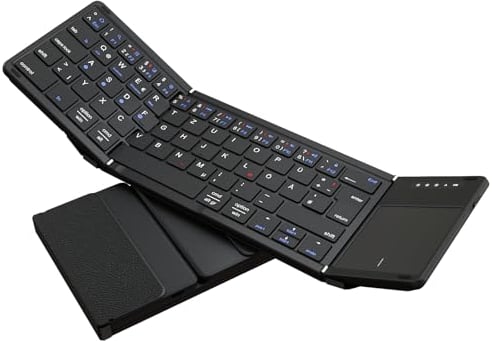 Echaar Bluetooth Tastatur faltbar mit Touchpad,Verbinden Sie Vier Geräte,Bluetooth+USB Kabelverbindung,QWERTZ Deutsch mit Trackpad, für iOS, Android, Windows Laptop PC Tablet