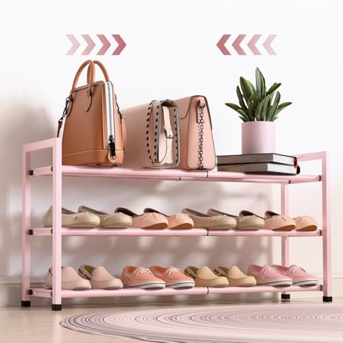 Bumusty 3-Tier Expandable Shoe Rack for Closet, 46cm*84cm Adjustable Shoe Rack for Small Space, Small Shoe Organizer for Front Door, Sturdy Metal, Pink