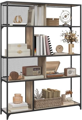 HOMCOM 5 Tier Book Shelf with Sliding Mesh Doors, Industrial Storage Shelves, Metal Shelving Unit for Living Room, Study, Bedroom, Grey Wood Grain