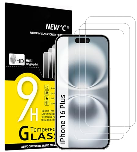 NEW'C Lot de 3, Verre Trempé pour iPhone 16 Plus (6,7 Pouces), Film Protection écran -sans Bulles d'air -Ultra Résistant (0,33mm HD Ultra Transparent) Dureté 9H Glass