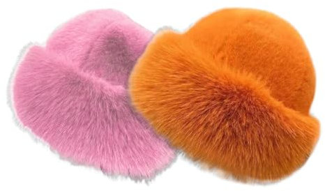 iSpchen Fischerhut Damen Winter Flauschige Bucket Hat Warme Anglerhut Wintermütze Winter Warm Plüsch Eimer Hut Kunstpelz Fellmütze,Hellrosa+orange