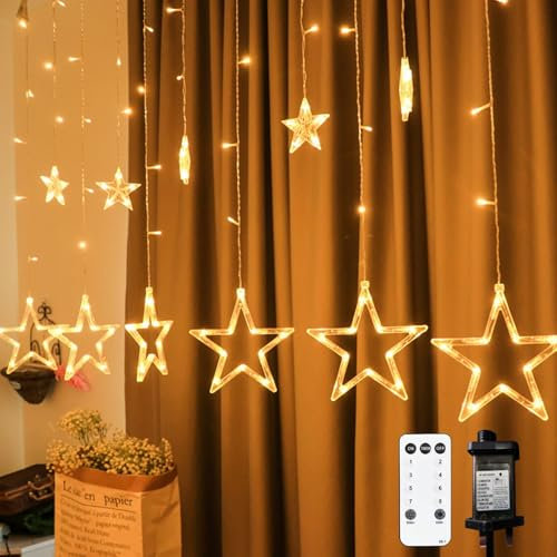 Christmas Star Curtain Lights - 138 LED Fairy Lights With 12 Stars, 8 Modes Remote - Mains Powered Plug-in Window String Lights for Xmas Tree, Party, Garden