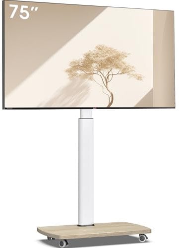 AOKCOS TV Bodenständer Rollbar mit Holzregal, TV Ständer mit Rollen für 43-75 Zoll Flach & Curved Fernseher bis 50kg, Höhenverstellbar Schwenkbar Fernsehstand, Max.VESA 600x400mm