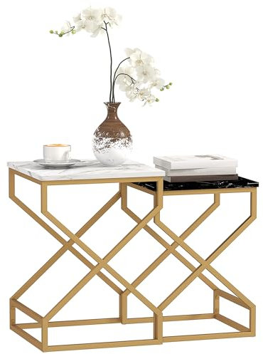 HOMCOM Nest of Tables Side Table Set of 2 with Marble-Like Top, Coffee Table Set with Foot Pads, Steel Frame and MDF Top for Living Room Bedroom Office, Black/White