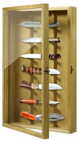 Triceratops Knife Display Case with Lockable Clear Acrylic Door, Wall Mount Wooden Knife Display Stand, Pocket Knife Display Cases for Storage, Collection, Holds up to 7 Knifes(Yellow)