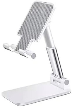 DiNino Foldable Adjustable Height Phone Stand Holder – Retractable, Portable, Universal Mobile Desk Stand for iPhone, Samsung, Google Pixel - White