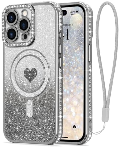 LAPOPNUT Magnetic Glitter Case for iPhone 15 Pro with Wrist Strap,Silver | Compatible with MagSafe, Sparkly Phone Cover for Girls Women, Sparkle Rhinestone Rasied Camera Protection,Bling Glittery Cute