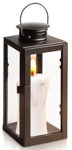 Schwarz Laternen für Draußen,Kerzenlaterne 24cm,Glas und Metall Laternen,Ideal als Windlicht Outdoor,Kerzenhalter,Grablaterne,Glaslaterne,für Deko Vintage,Garten,Balkon,Weihnachtstag [Ohne Kerzen]