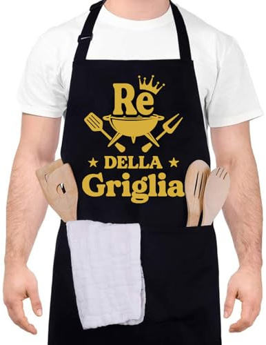 Halinuia Grembiule Barbecue Uomo Re Della Griglia Grembiule Cucina Divertenti con 2 Tasche Impermeabile per bbq Grigliate e Cucinare all'Aperto (Oro)