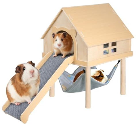 LUCKYBOPAN Meerschweinchenversteck - Meerschweinchen-Spielzeug aus Holz mit Treppe und Matte und Hängematte, abnehmbares Doppeldecker-Haus für Hamster, Chinchilla, Frettchen, Meerschweinchen, Zubehör